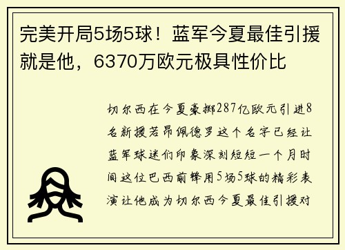 完美开局5场5球！蓝军今夏最佳引援就是他，6370万欧元极具性价比